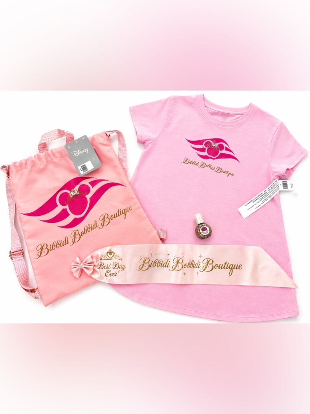 NWT Disney Cruise Bibbidi Bobbidi Boutique Princess Sash Backpack & Shirt XL
